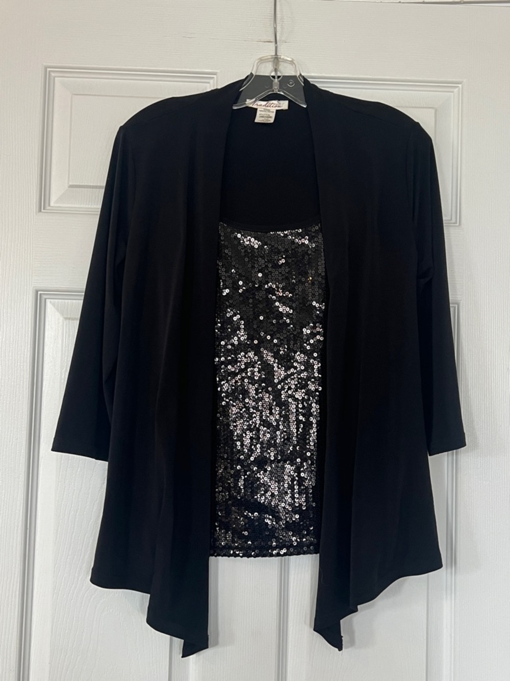 Tradition Chic Black Sequin-Front Long Sleeve Layered Top